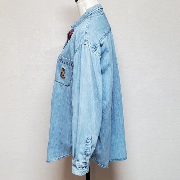 Vintage 1990s Lauren Ralph Lauren Chambray Stone Wash Button Up Logo Top Large - Picture 8 of 13